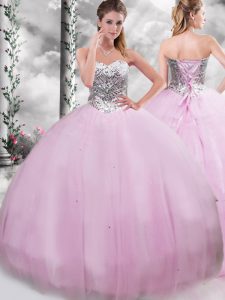 Lilac Tulle Lace Up Sweetheart Sleeveless Sweet 16 Quinceanera Dress Brush Train Beading
