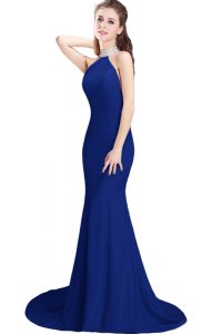 Best Royal Blue Side Zipper Halter Top Beading Homecoming Dress Elastic Woven Satin Sleeveless Brush Train