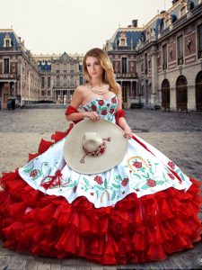 Traditional Sweetheart Sleeveless Quinceanera Gown Floor Length Embroidery and Ruffled Layers White And Red Organza and Taffeta