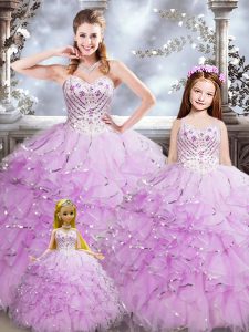 Comfortable Lilac Organza Lace Up Vestidos de Quinceanera Sleeveless Floor Length Beading and Ruffles