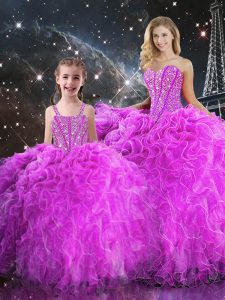 Glittering Floor Length Fuchsia Quinceanera Dresses Organza Sleeveless Beading and Ruffles