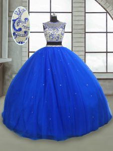 Modern Floor Length Royal Blue Sweet 16 Dresses Tulle Sleeveless Beading
