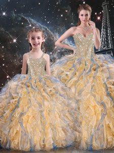 Romantic Sweetheart Sleeveless Lace Up Quinceanera Gowns Gold Organza