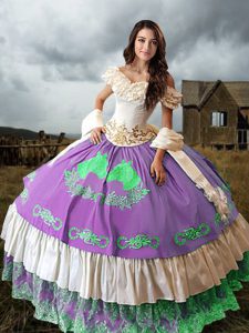 Multi-color Lace Up Off The Shoulder Embroidery and Ruffled Layers 15 Quinceanera Dress Taffeta Sleeveless Brush Train