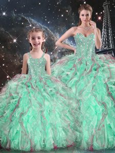 Beautiful Sweetheart Sleeveless Lace Up Quinceanera Dresses Turquoise Organza