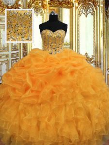 Chic Orange Sleeveless Floor Length Beading and Ruffles Lace Up Quinceanera Dress