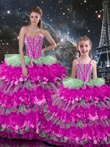 Custom Made Sleeveless Organza Floor Length Lace Up Sweet 16 Dress in Multi-color with Beading and Ruffles