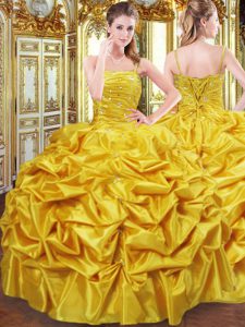 Gold Lace Up Spaghetti Straps Beading and Pick Ups Ball Gown Prom Dress Taffeta Sleeveless