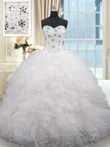 White Ball Gowns Sweetheart Sleeveless Organza Brush Train Lace Up Beading and Ruffles Quinceanera Dress