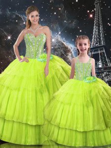 Sleeveless Floor Length Ruffled Layers Lace Up Vestidos de Quinceanera with Yellow Green