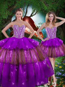 Sweetheart Sleeveless Organza Sweet 16 Dress Beading and Ruffled Layers and Sequins Lace Up