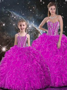 Fuchsia Sweetheart Lace Up Beading and Ruffles Quinceanera Gown Sleeveless