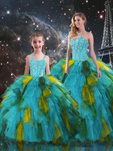 Sleeveless Organza Floor Length Lace Up Ball Gown Prom Dress in Multi-color with Beading and Ruffles