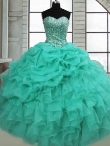 Turquoise Sleeveless Floor Length Beading and Ruffles and Pick Ups Lace Up Sweet 16 Dress