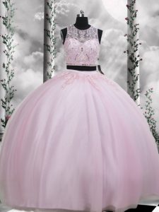 Baby Pink Scoop Zipper Beading and Appliques Sweet 16 Dress Sleeveless