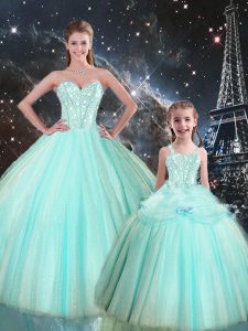 Turquoise Quinceanera Gowns Military Ball and Sweet 16 and Quinceanera with Beading Sweetheart Sleeveless Lace Up