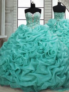 Beading and Pick Ups 15 Quinceanera Dress Turquoise Lace Up Sleeveless Brush Train