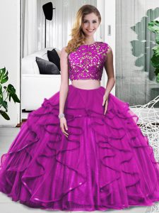 Custom Fit Fuchsia Zipper Quinceanera Gown Lace and Ruffles Sleeveless Floor Length