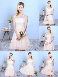 Most Popular Lace Quinceanera Court of Honor Dress Champagne Lace Up Sleeveless Knee Length