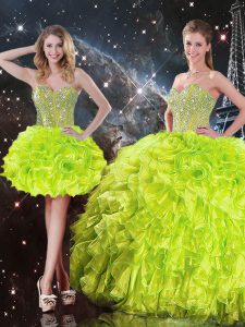 Yellow Green Lace Up Ball Gown Prom Dress Beading and Ruffles Sleeveless Floor Length