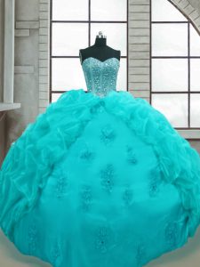 Fine Aqua Blue Ball Gowns Sweetheart Sleeveless Organza Floor Length Lace Up Beading and Appliques and Pick Ups Sweet 16 Dresses