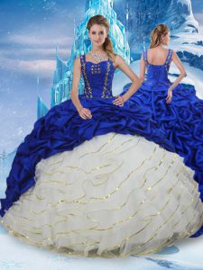 Unique Blue And White Ball Gowns Straps Sleeveless Taffeta Brush Train Lace Up Ruffled Layers and Pick Ups Quince Ball Gowns