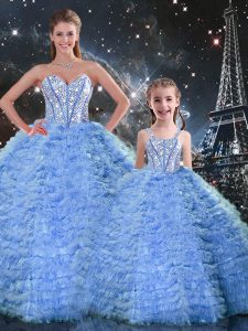 Blue Sleeveless Beading and Ruffles Floor Length 15 Quinceanera Dress