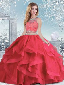 Artistic Coral Red Clasp Handle Quinceanera Dress Beading and Ruffles Sleeveless Floor Length