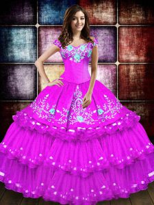 Off The Shoulder Sleeveless Ball Gown Prom Dress Floor Length Embroidery and Ruffled Layers Fuchsia Taffeta