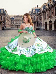 Exceptional Floor Length Green Quinceanera Gowns Organza and Taffeta Sleeveless Embroidery and Ruffled Layers