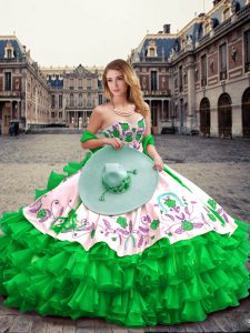 Elegant Floor Length Green Vestidos de Quinceanera Organza and Taffeta Sleeveless Embroidery and Ruffled Layers