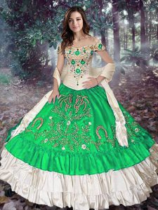 Green Ball Gowns Embroidery and Ruffled Layers Sweet 16 Quinceanera Dress Lace Up Taffeta Sleeveless Floor Length