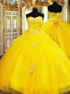 Gold Lace Up Sweet 16 Dresses Beading and Appliques Sleeveless Floor Length