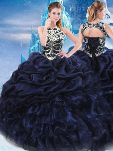 Sumptuous Navy Blue Taffeta Lace Up High-neck Sleeveless Floor Length 15th Birthday Dress Appliques and Ruffles and Pick Ups
