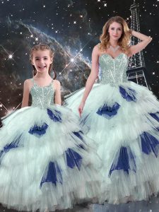 Fashionable Blue And White Sleeveless Beading and Ruffled Layers Floor Length Sweet 16 Dresses