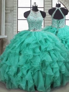 Trendy Turquoise Ball Gowns Organza Scoop Sleeveless Beading and Ruffles Lace Up Vestidos de Quinceanera Brush Train
