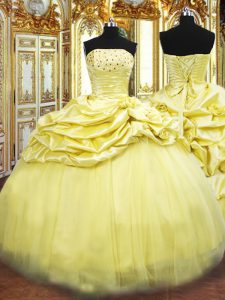 Colorful Floor Length Lace Up Sweet 16 Dress Gold for Military Ball and Sweet 16 and Quinceanera with Beading and Pick Ups