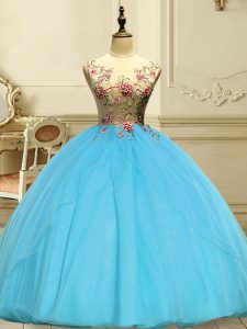 New Arrival Appliques Ball Gown Prom Dress Baby Blue Lace Up Sleeveless Floor Length