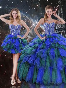 High Quality Floor Length Multi-color Quinceanera Gown Organza Sleeveless Beading and Ruffles and Ruffled Layers