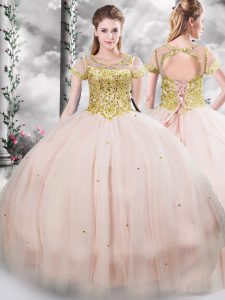 Fitting Floor Length Lace Up Quinceanera Gowns Pink for Military Ball and Sweet 16 and Quinceanera with Beading