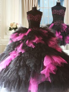 Pink And Black Three Pieces Sweetheart Sleeveless Tulle Floor Length Lace Up Beading and Ruffles Quince Ball Gowns