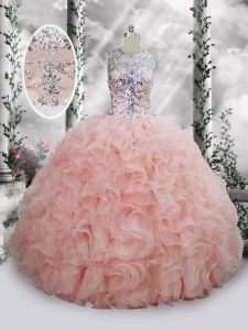 Classical Floor Length Lace Up 15 Quinceanera Dress Baby Pink for Quinceanera with Beading and Ruffles