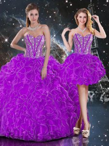 Free and Easy Purple Ball Gowns Organza Sweetheart Sleeveless Beading and Ruffles Floor Length Lace Up 15th Birthday Dress