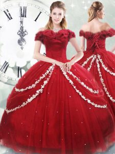 Wine Red Tulle Lace Up Quinceanera Gowns Sleeveless Brush Train Appliques and Pick Ups