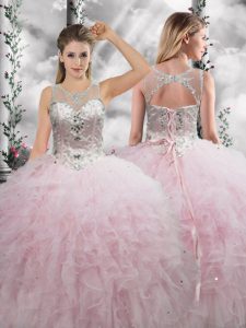 Baby Pink Scoop Lace Up Beading and Ruffles Quinceanera Dresses Sleeveless