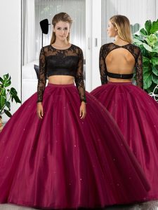 Lace and Ruching Quinceanera Dresses Fuchsia Backless Long Sleeves Floor Length