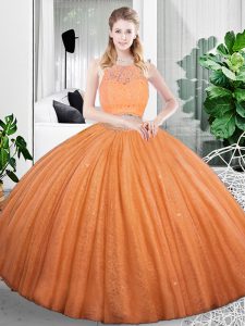Lovely Scoop Sleeveless 15th Birthday Dress Floor Length Lace and Ruching Orange Organza