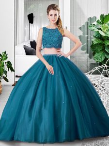 Scoop Sleeveless Tulle 15 Quinceanera Dress Lace and Ruching Zipper