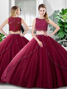 Elegant Burgundy Sleeveless Lace and Ruching Floor Length Sweet 16 Dresses