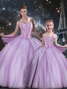 Deluxe Sleeveless Tulle Floor Length Lace Up Quinceanera Dress in Lavender with Beading